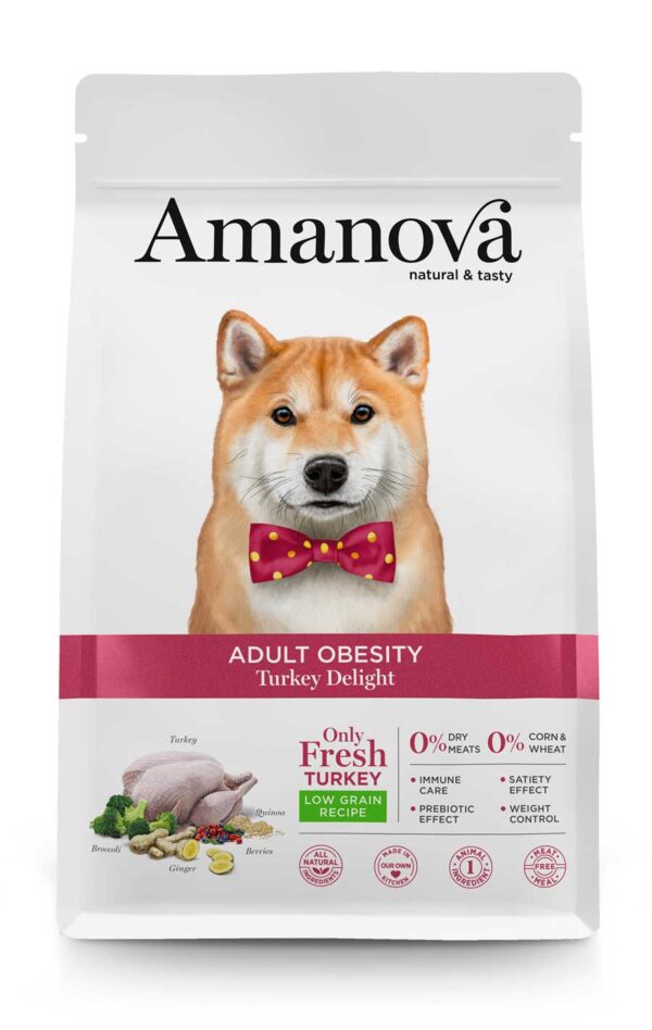 Foto de paquete de pienso para perros con obesidad de la marca Amanova.